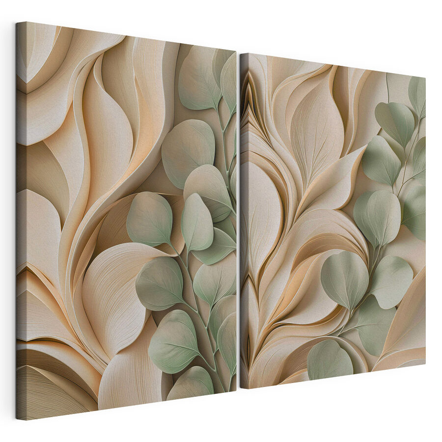Cuadro modular Formaciones de hojas en tonos pastel, dispuestas en capas y de aspecto sereno (SKU: m30463)