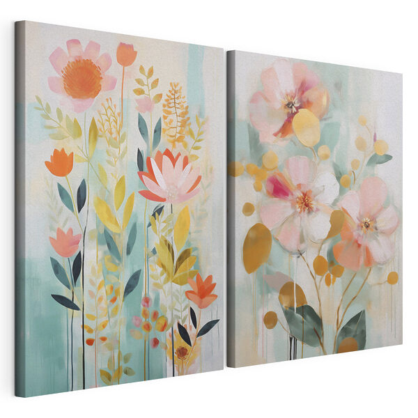 Dos cuadros de flores y hojas Lámina modular sobre lienzo Dos cuadros de flores y hojas