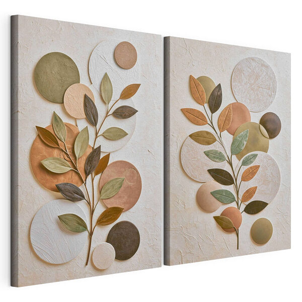 Collage de una planta con hojas y círculos Lámina modular sobre lienzo Collage de una planta con hojas y círculos