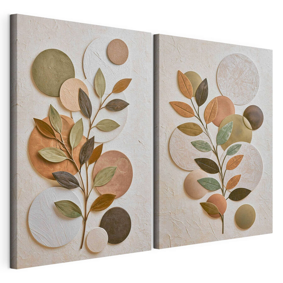 Cuadro modular Collage de una planta con hojas y círculos (SKU: m30529)