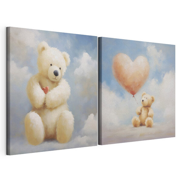 Lámina modular sobre lienzo Dos fotos de un osito de peluche con un globo en la mano