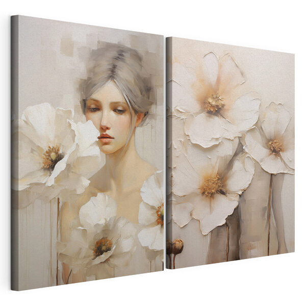 Lámina modular sobre lienzo Cuadro de una mujer con flores blancas