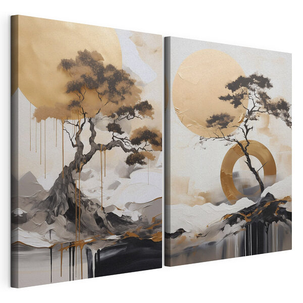 Cuadro en el que se ve un árbol y un círculo Lámina modular sobre lienzo Cuadro en el que se ve un árbol y un círculo