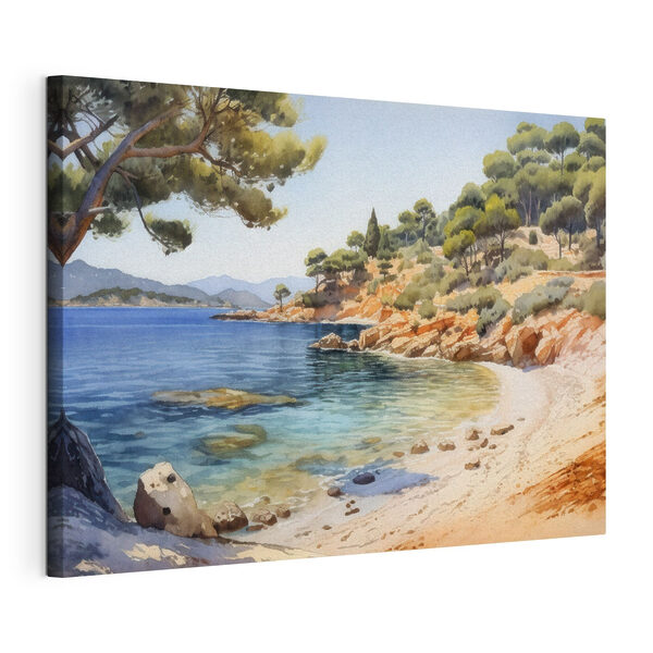 Pintura en acuarela de una playa con árboles y rocas Cuadros Pintura en acuarela de una playa con árboles y rocas