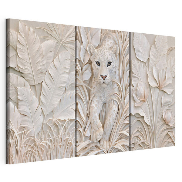 Lámina modular sobre lienzo Escultura de un tigre blanco con hojas