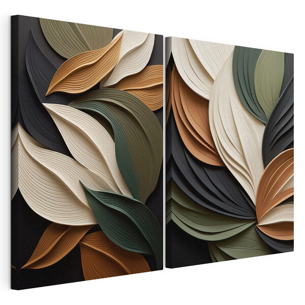 Lámina modular sobre lienzo Motivos de hojas con textura en tonos tierra
